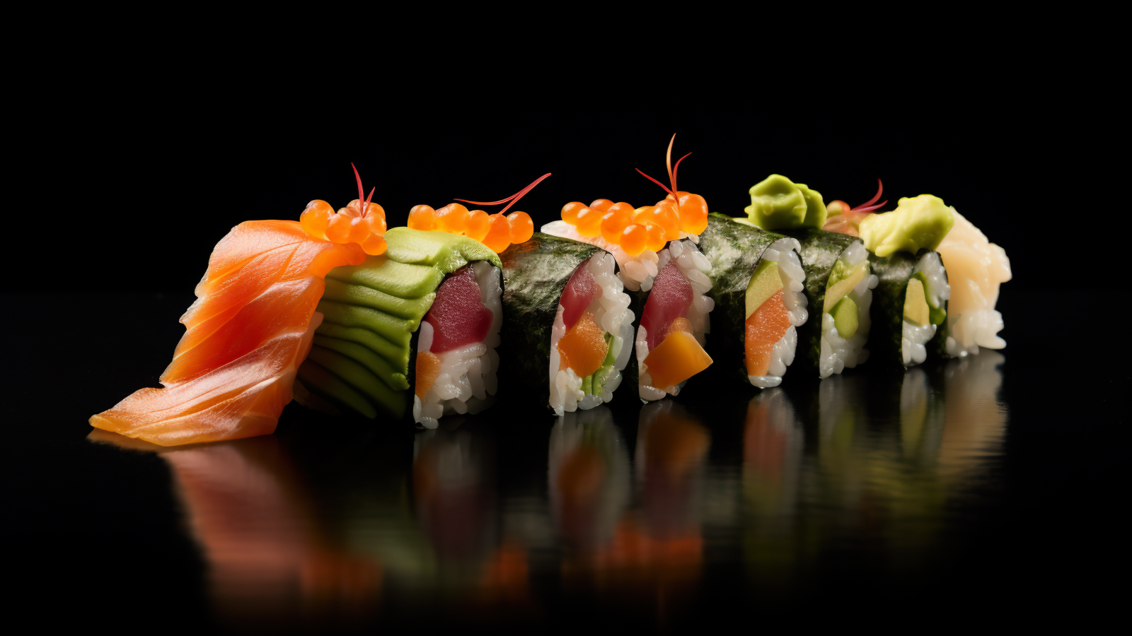 Роллы с красной рыбой и икрой на черном фоне