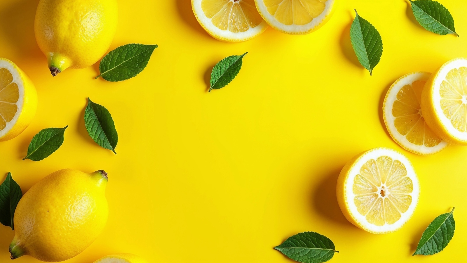 Яркий желтый фон с лимонами и зелеными листьями