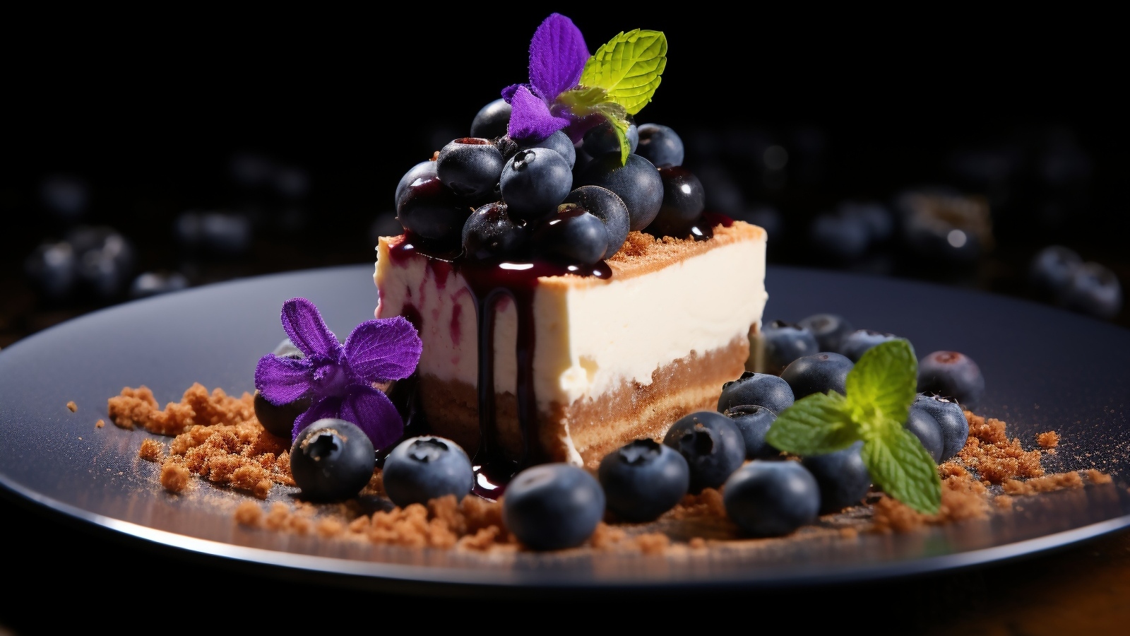 Кусок пирога с ягодами черники и листьями мяты