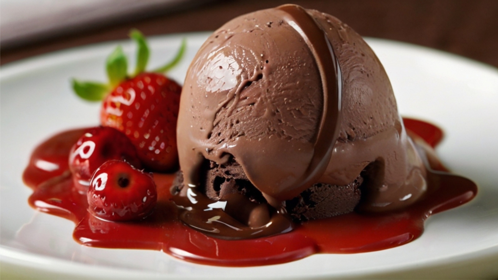 Шарик шоколадного мороженого на тарелке с ягодами клубники