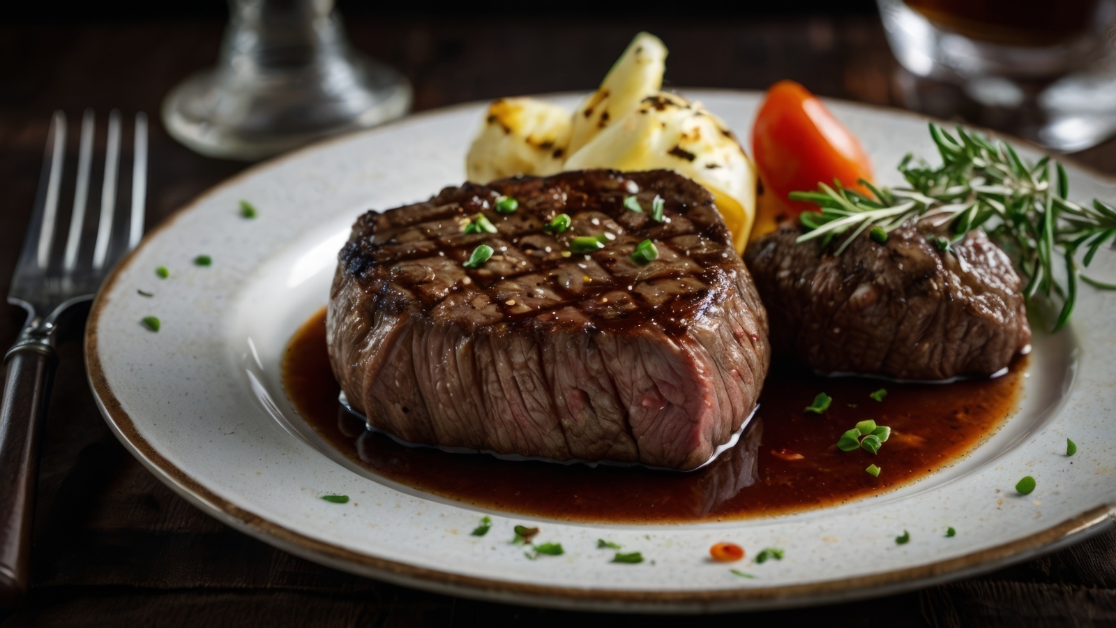 Кусок сочного стейка на тарелке на столе