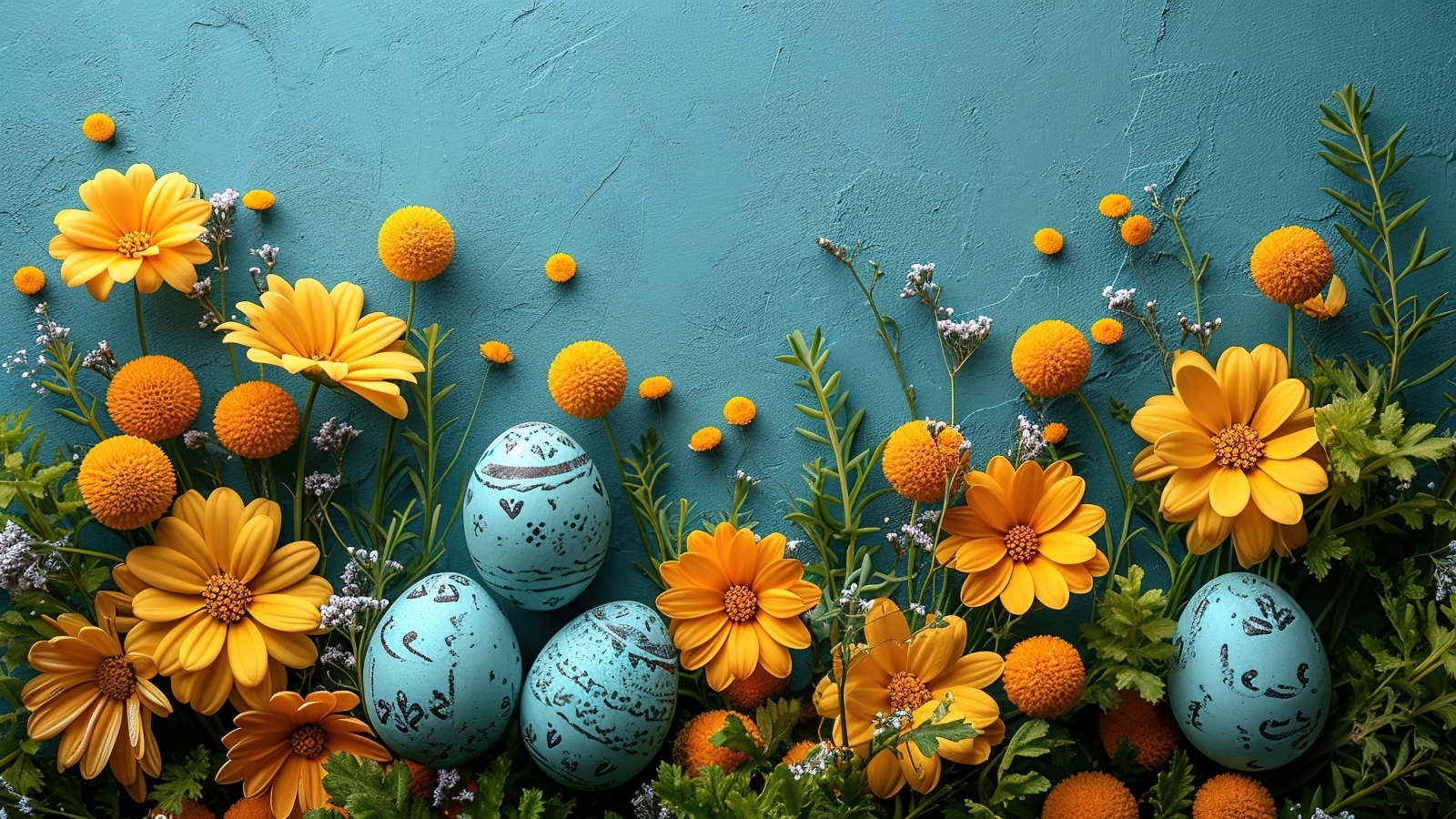 Синий фон с цветами и яйцами на Пасху