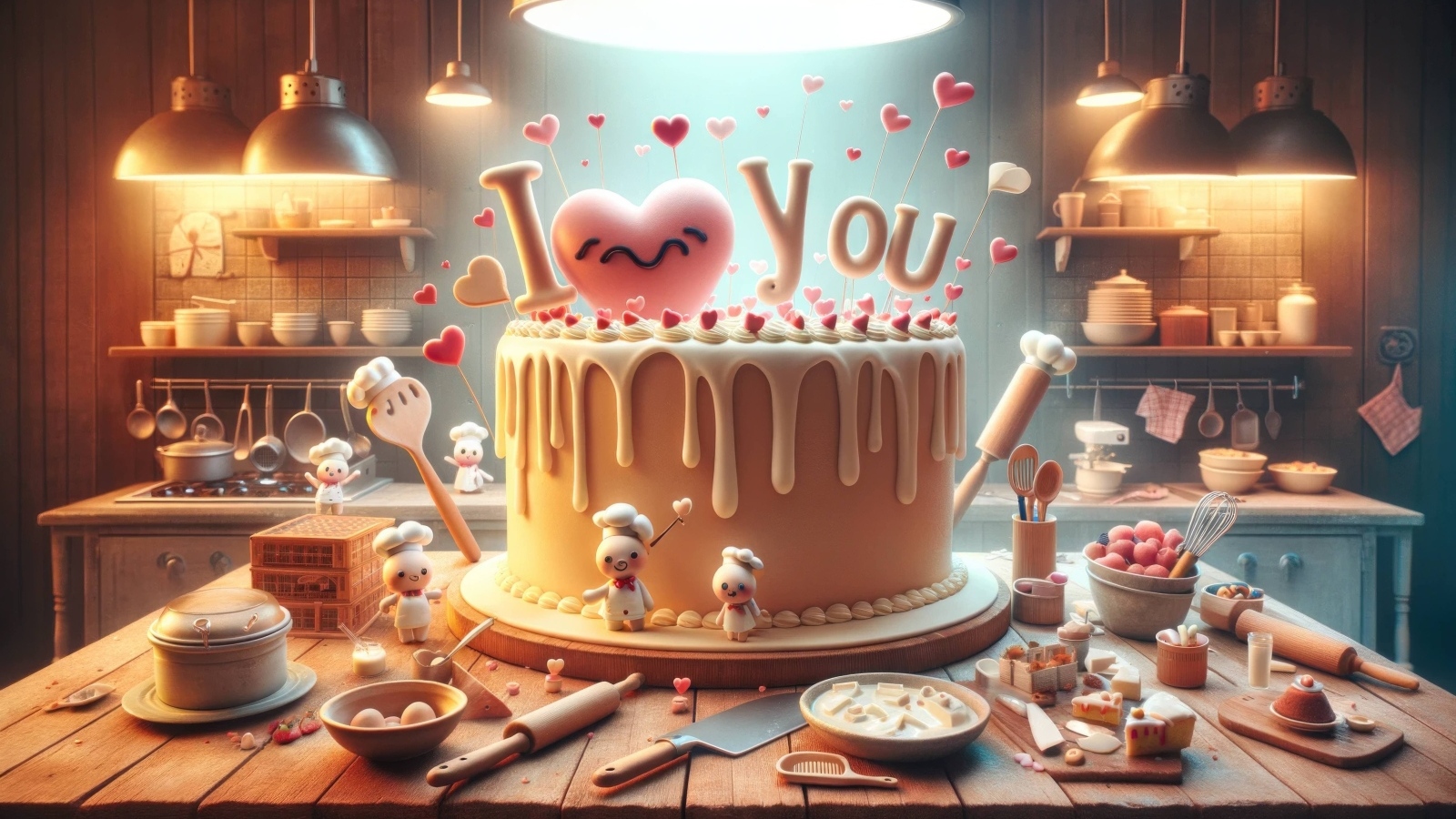 Торт с надписью Я тебя люблю на кухне на столе