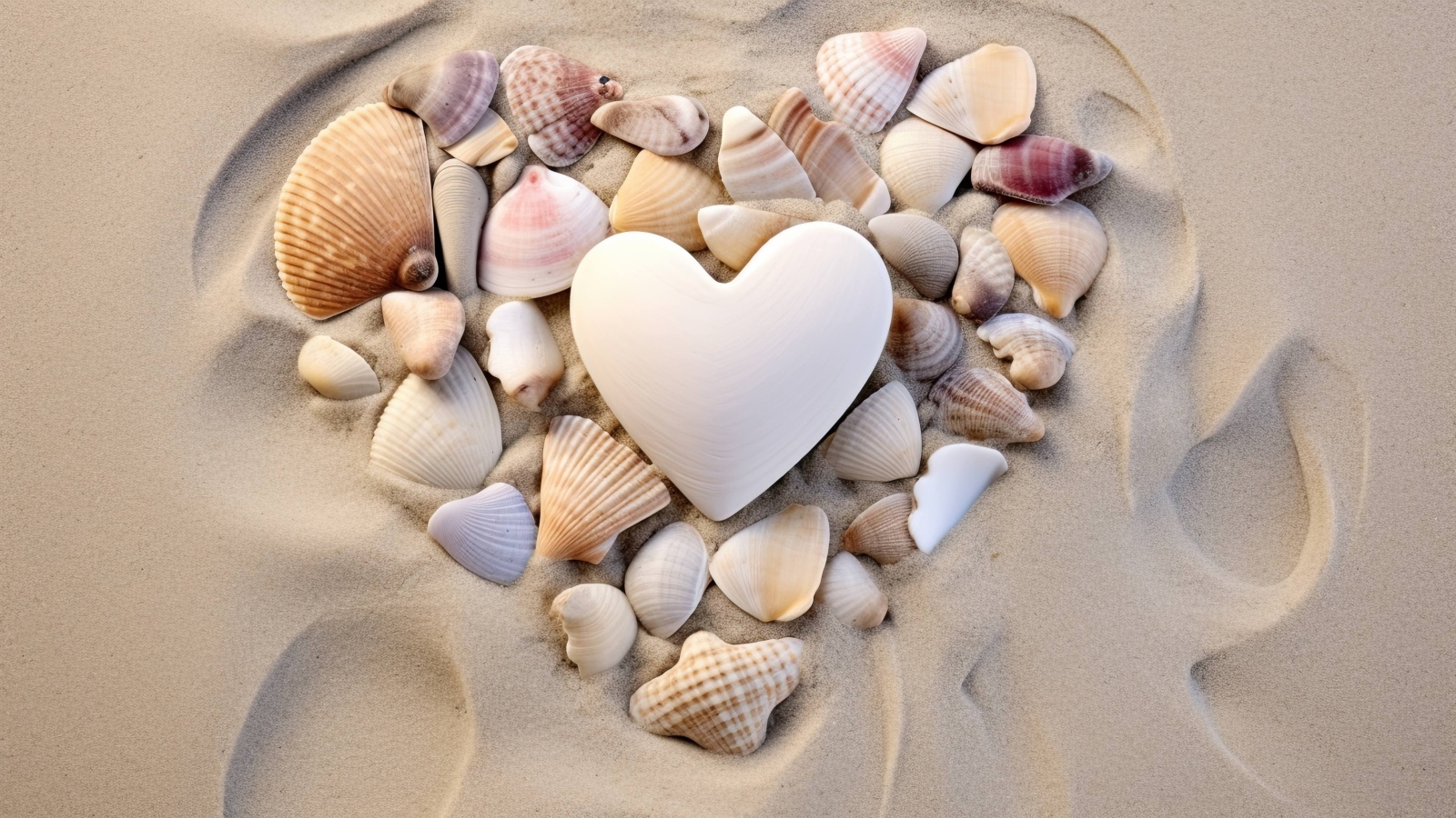 Сердце из ракушек на песке на пляже