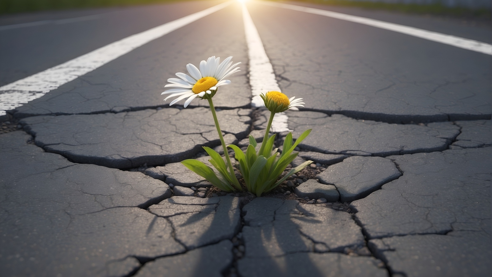 Цветок белой ромашки пробивается сквозь асфальт