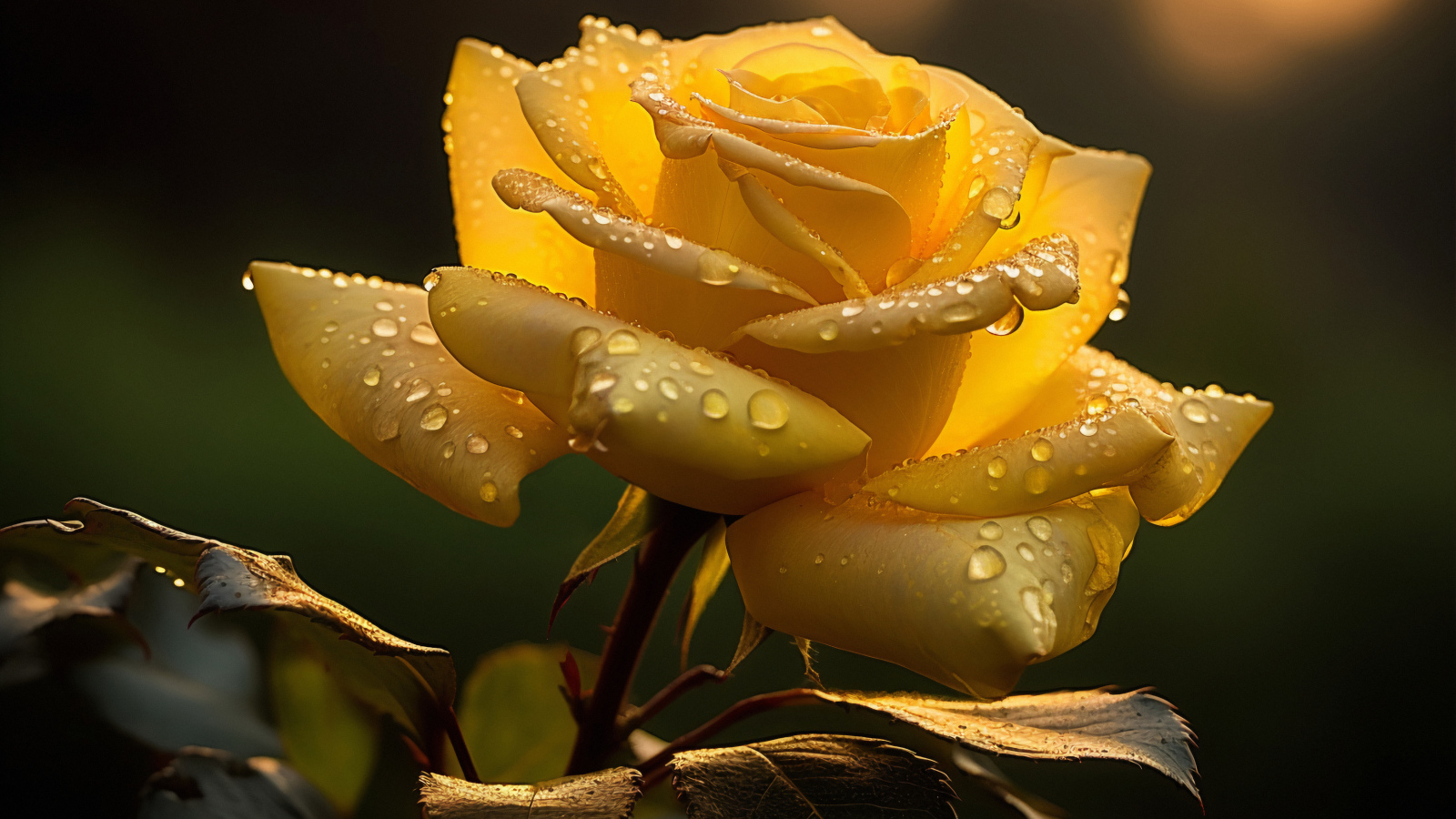 Красивая желтая роза с каплями росы на лепестках