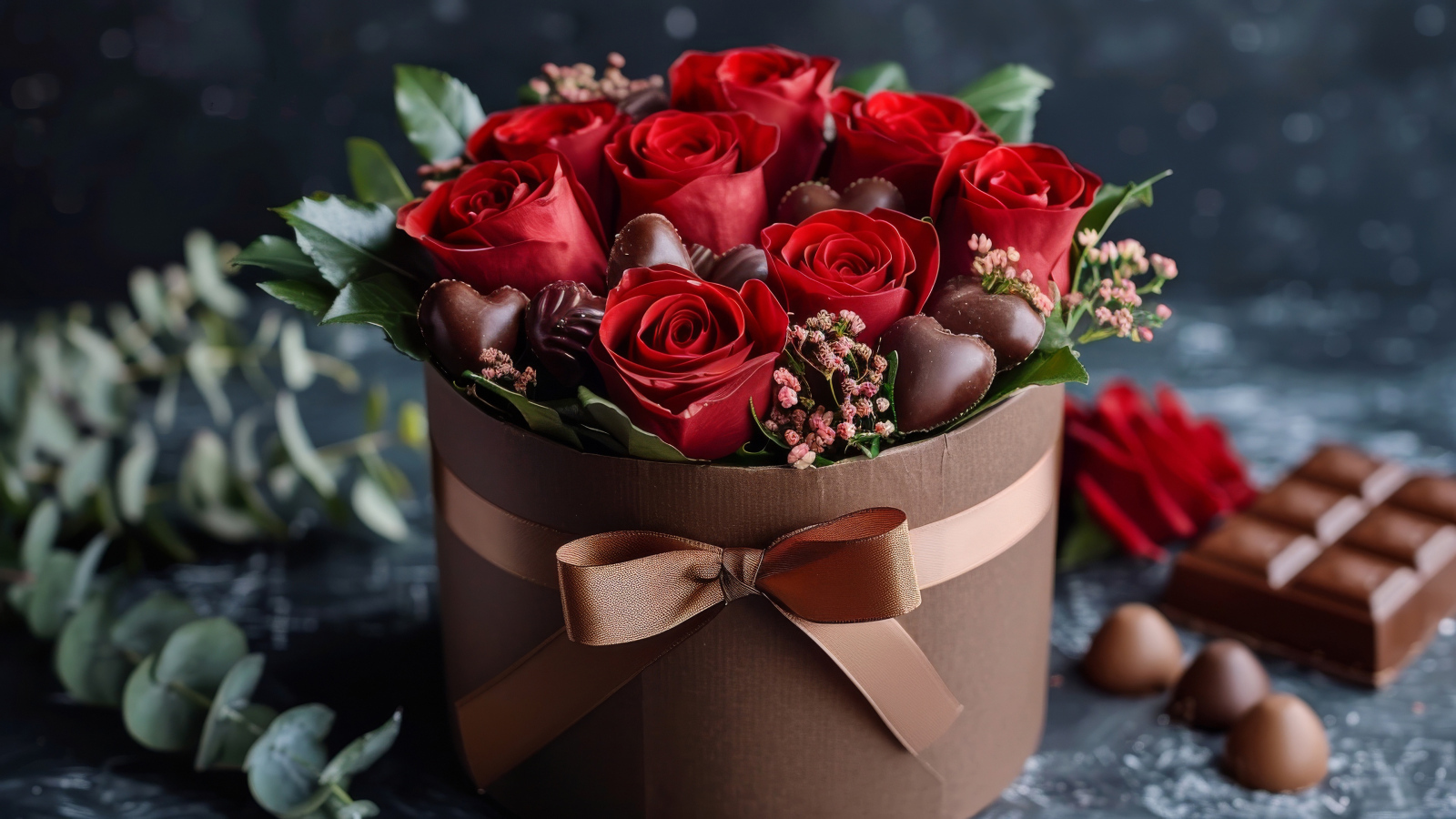 Красные розы в коробке с конфетами