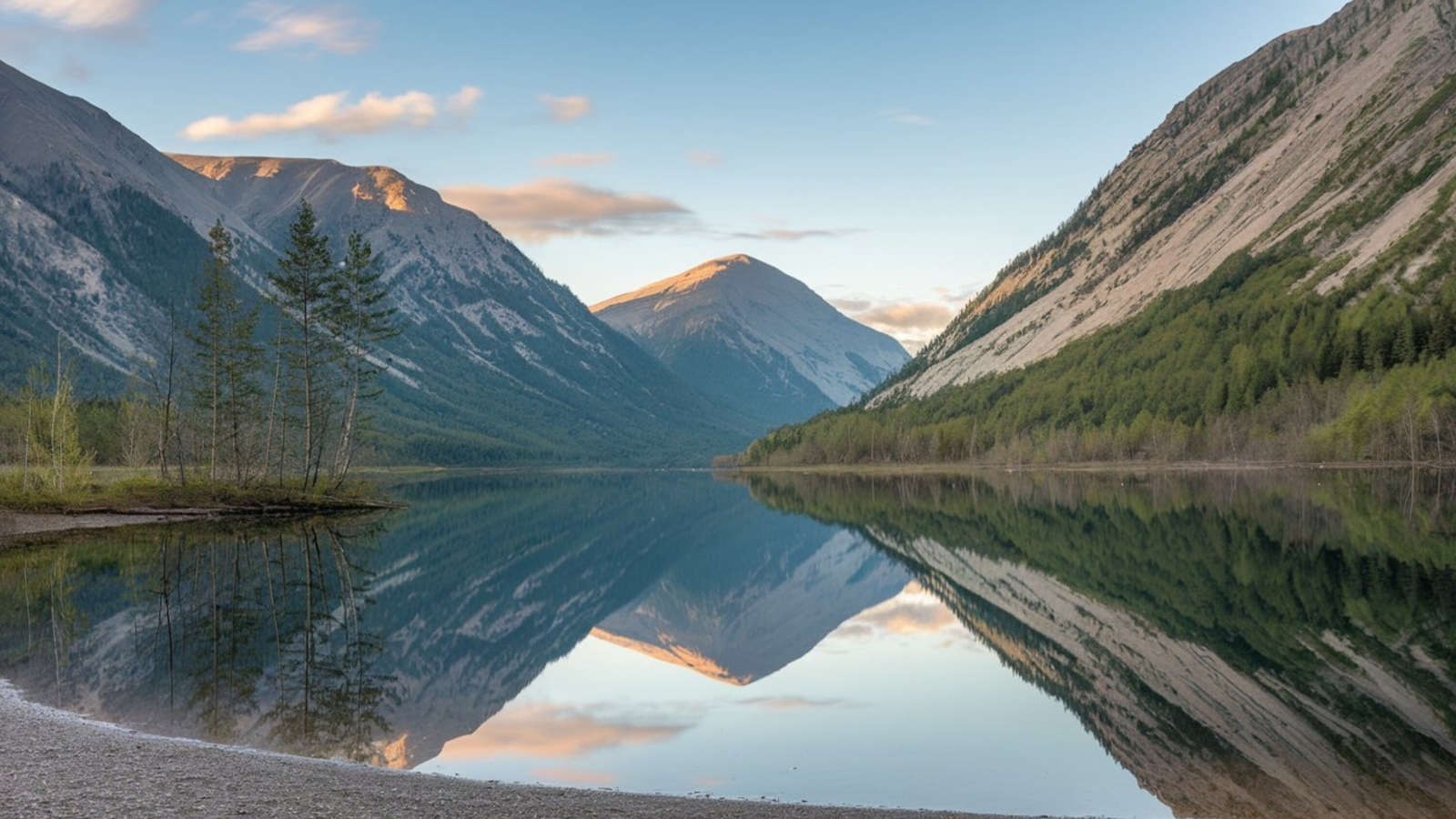Покрытые зеленью горы отражаются в спокойной воде озера