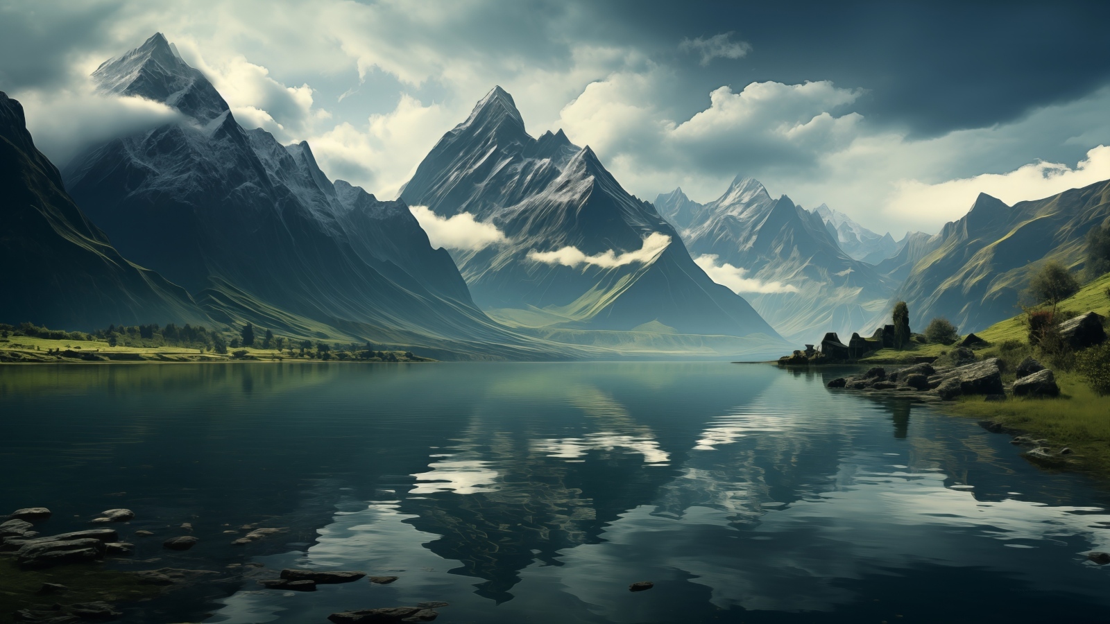 Горы в белых облаках у реки 