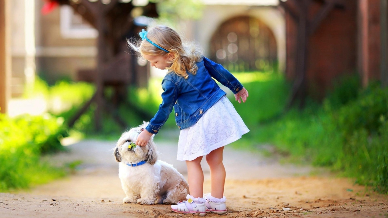 Маленькая девочка гуляет с собакой на улице 