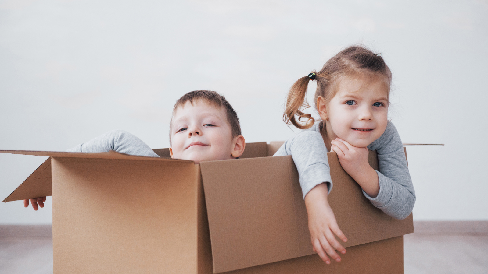 Брат и сестра сидят в картонной коробке