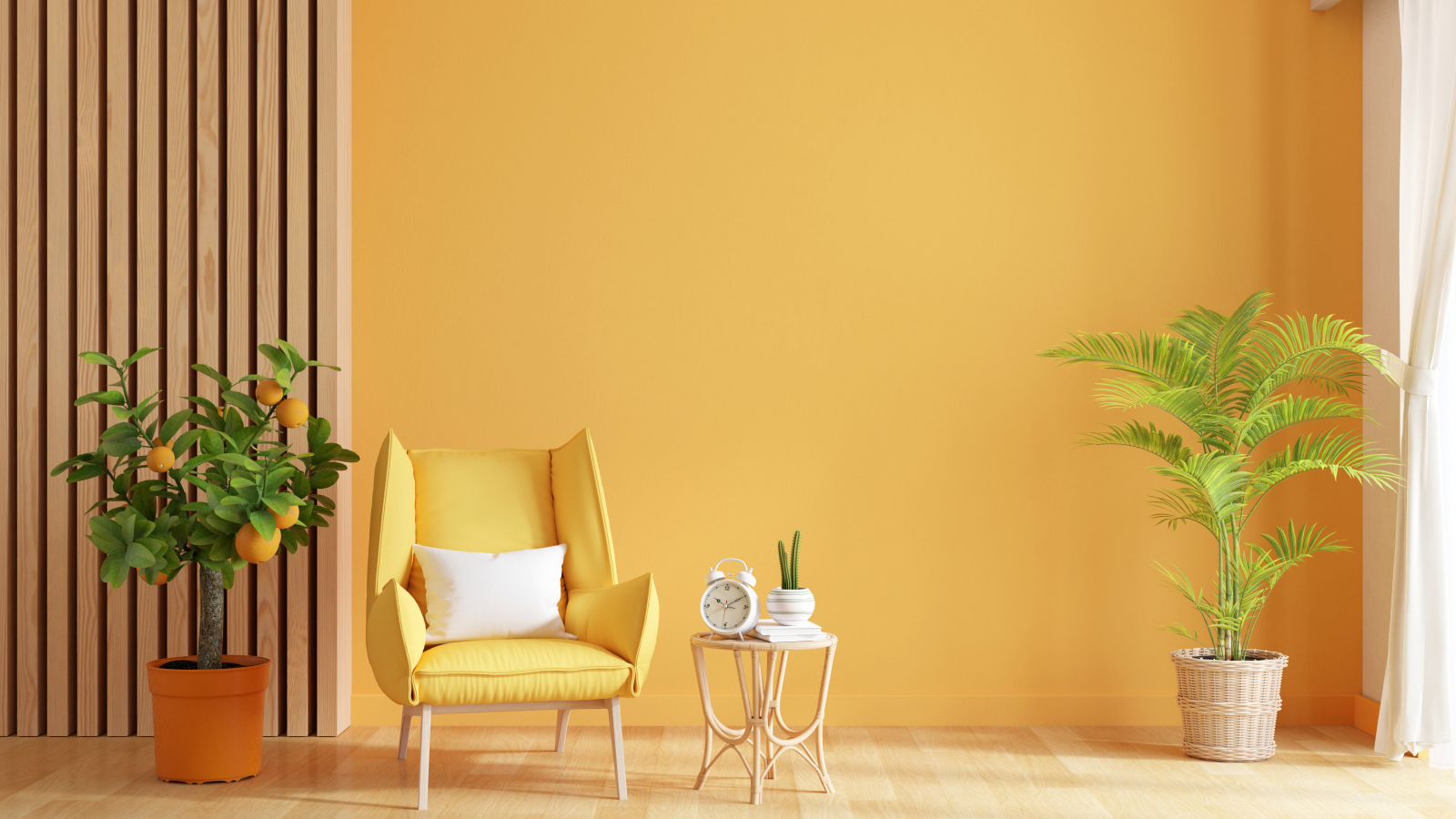 Комната с желтыми стенами и комнатными цветами