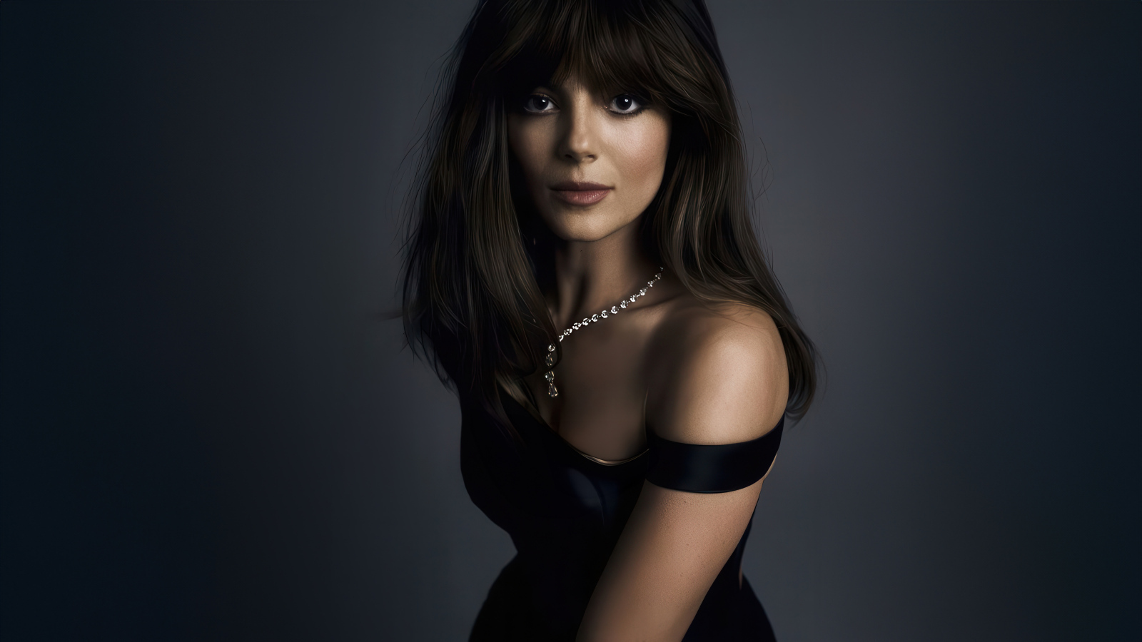 Burning brunette actress Monica Barbaro on a gray background