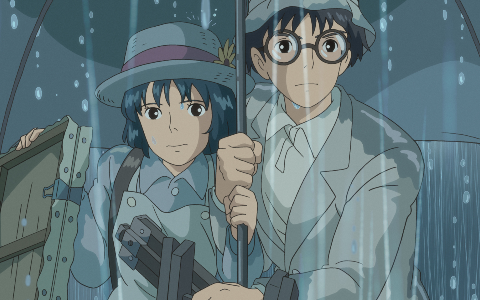 Аниме мультфильм Миядзаки Ветер крепчает, герои под дождём