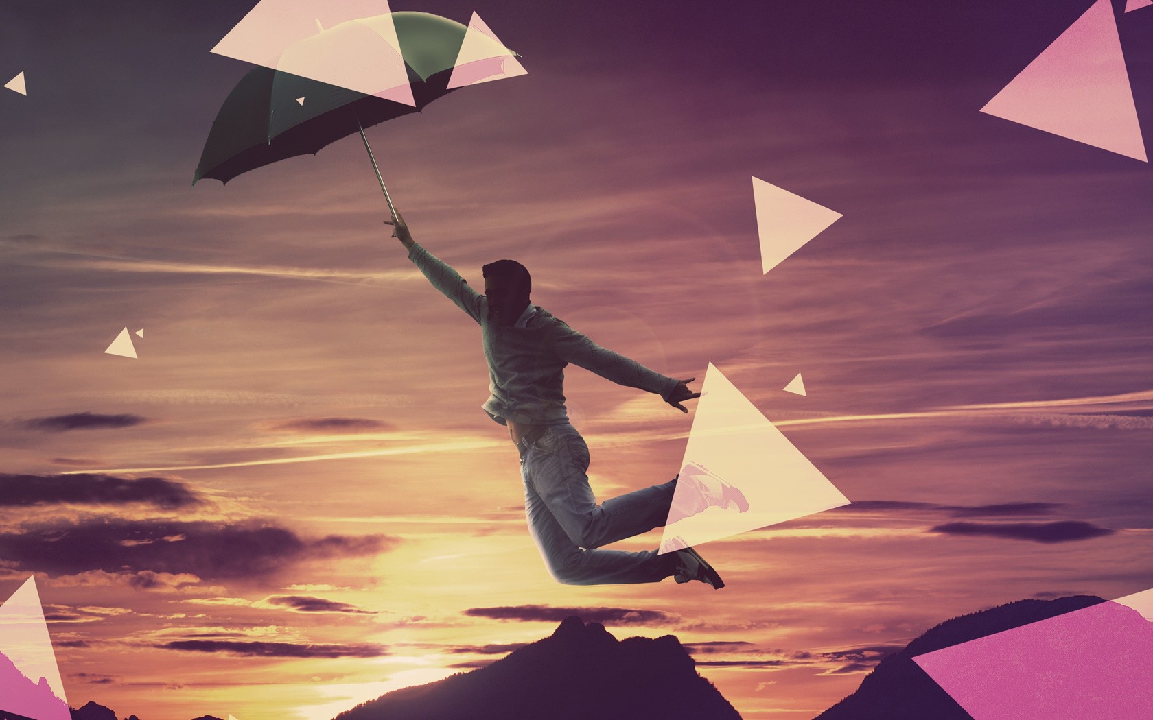 Человек летит на зонтике