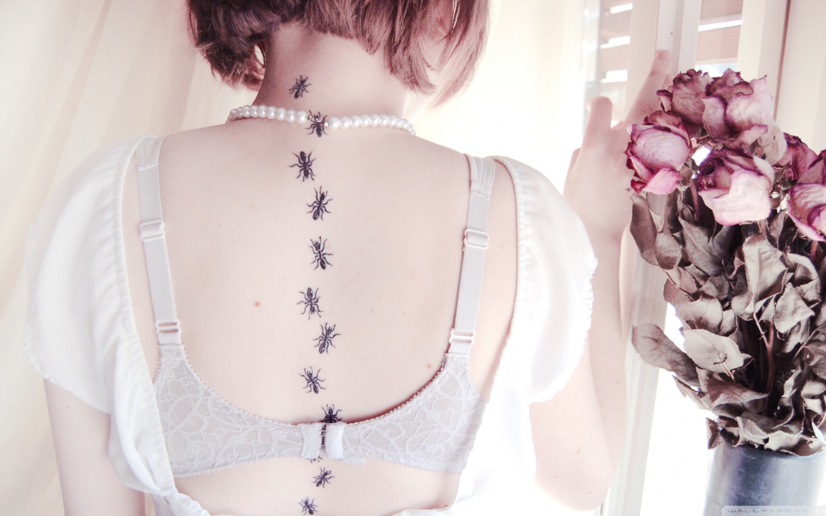 Девушка с татуировкой муравьи на спине