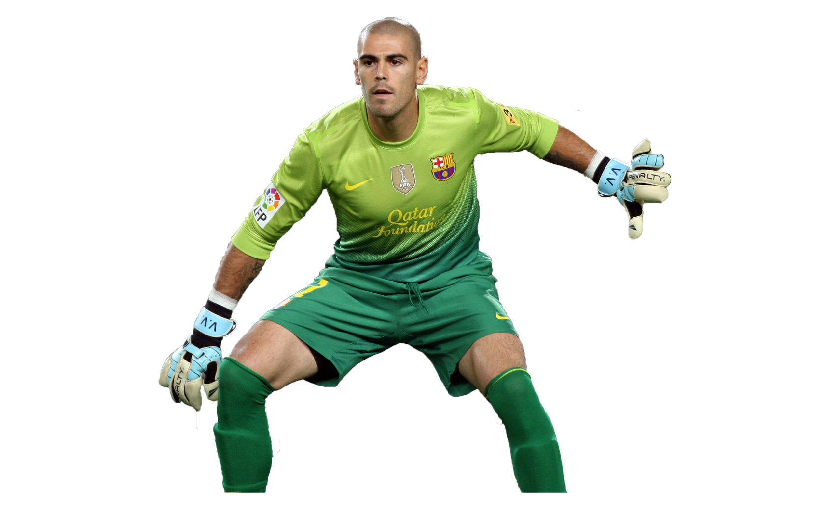 Игрок Барселоны Виктор Вальдес на белом фоне