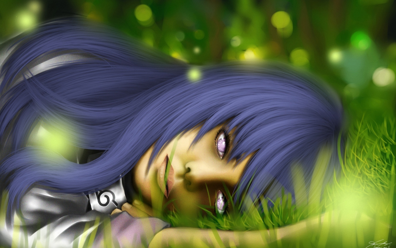 Хината лежит на траве