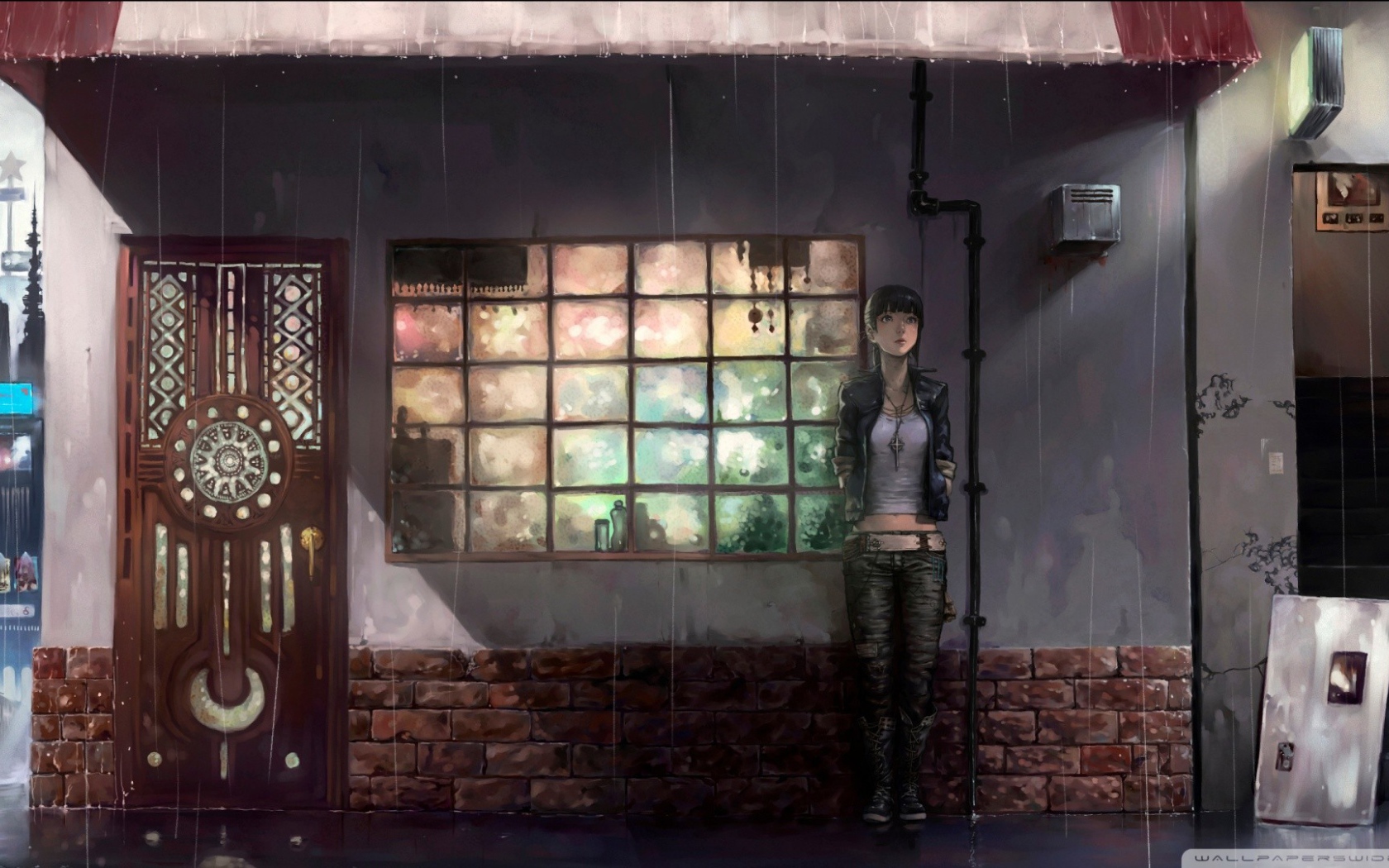 Девушка спряталась от дождя