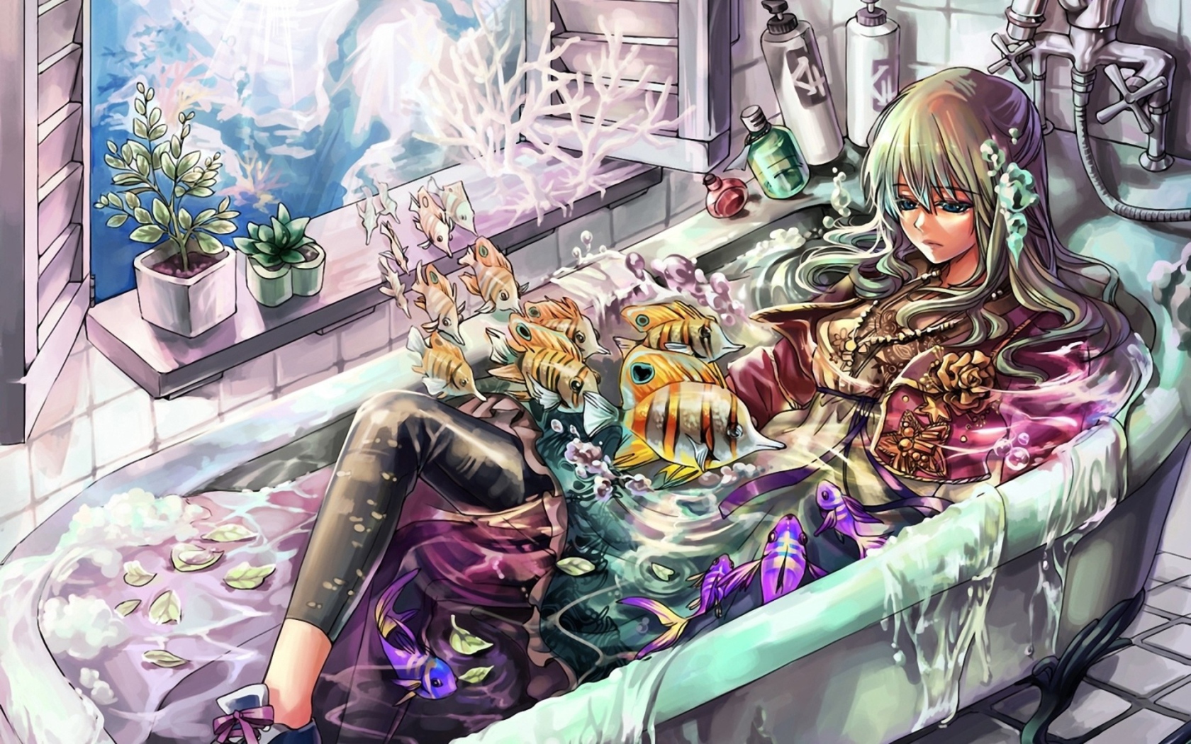 Девочка в ванне с рыбами