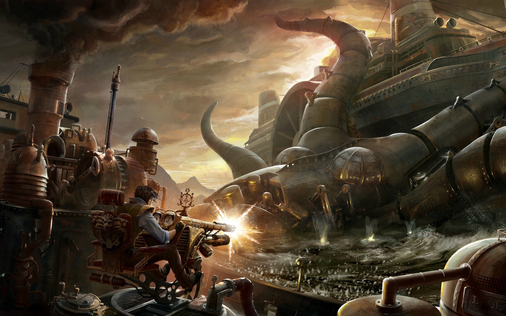 Борьба с металлическим монстром стимпанк