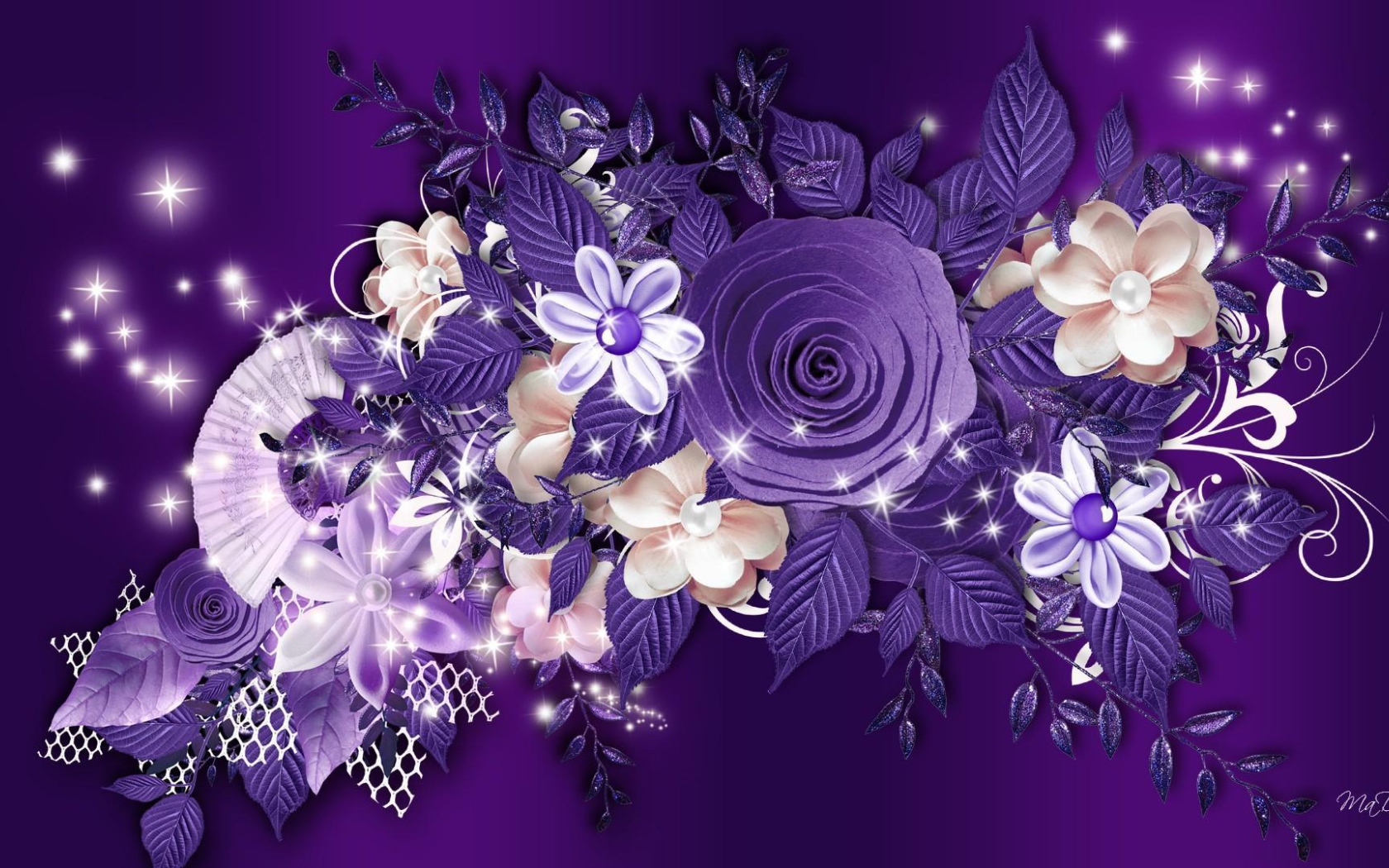 Фиолетовые розы и другие цветы на фиолетовом фоне