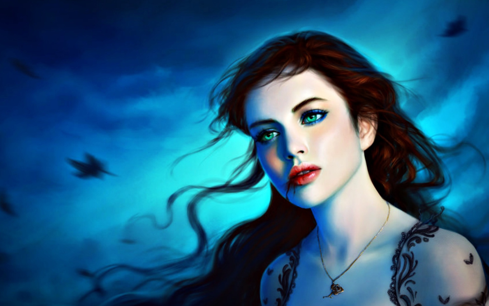 На фоне неба девушка вампир