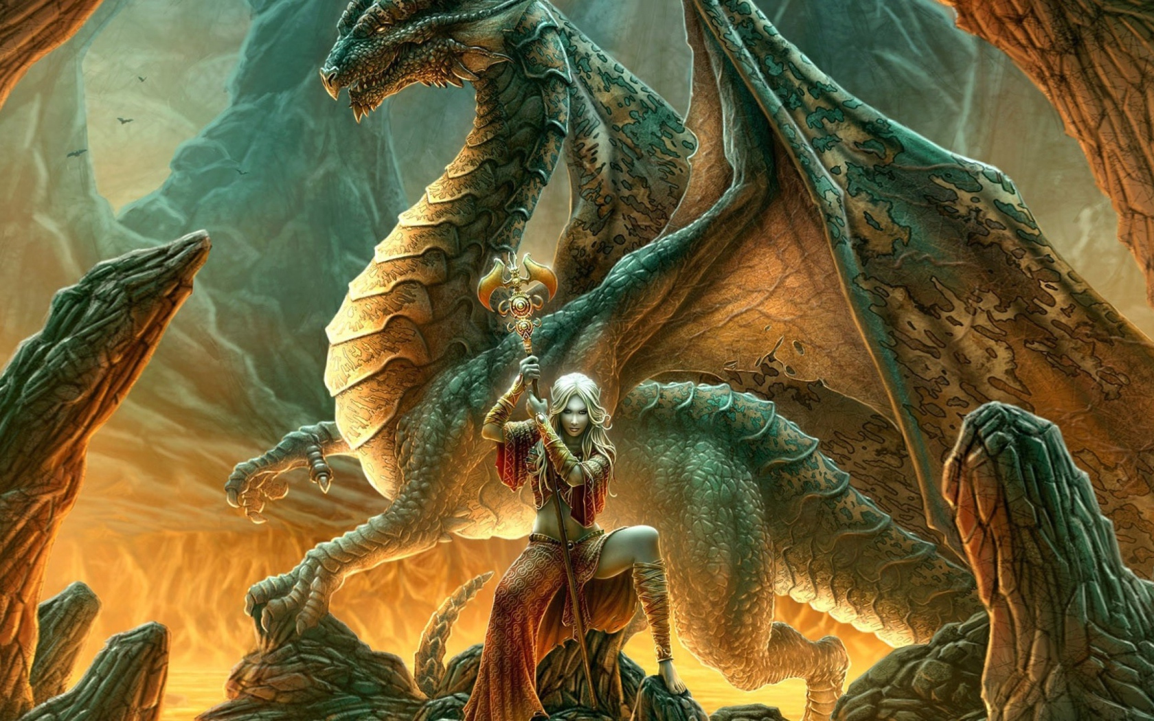 Дракон и колдунья с жезлом