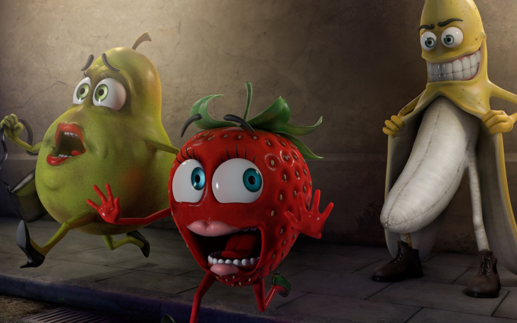 Голый банан и клубника с грушей