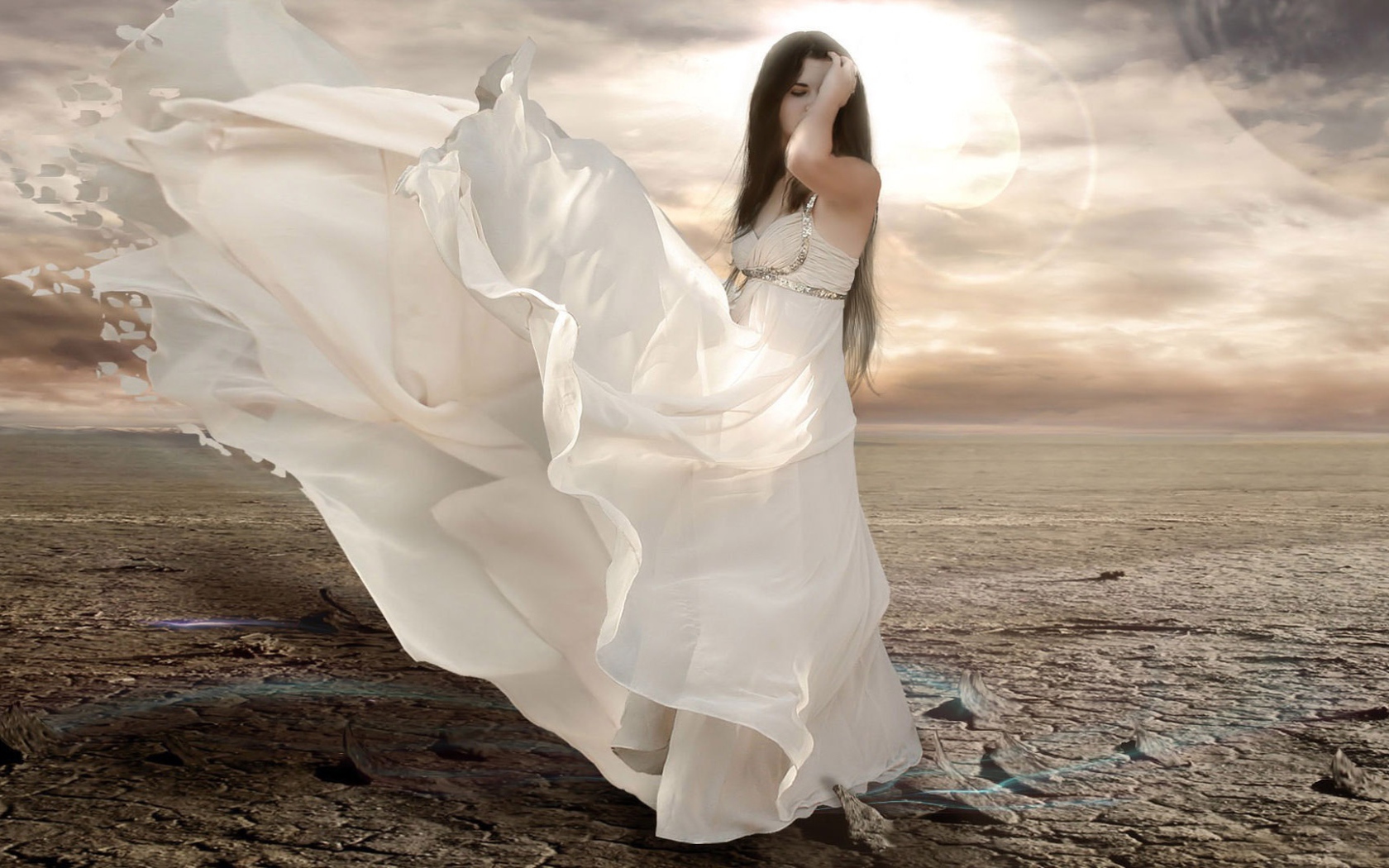 Девушка в белом платье в пустыне