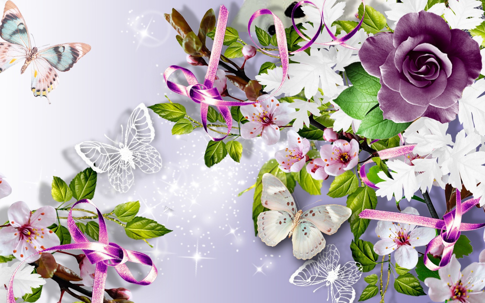 Фиолетовая роза и бабочки, картинка на восьмое марта