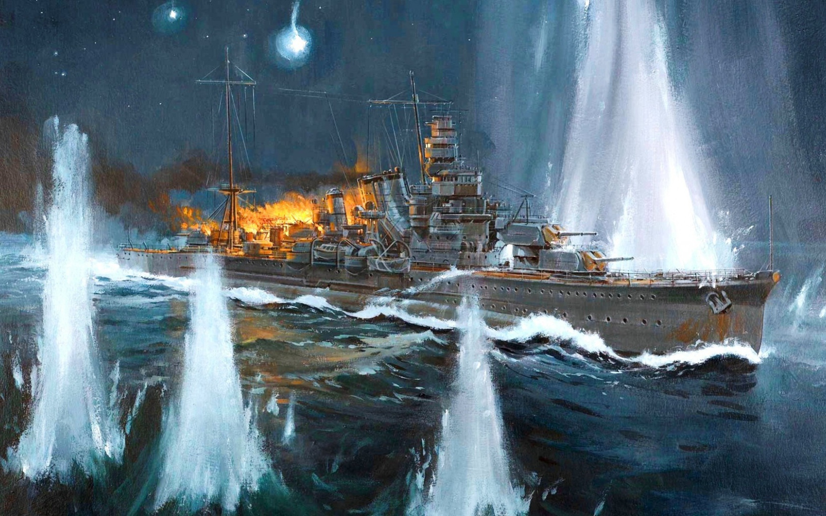 Горящий корабль в фонтанах