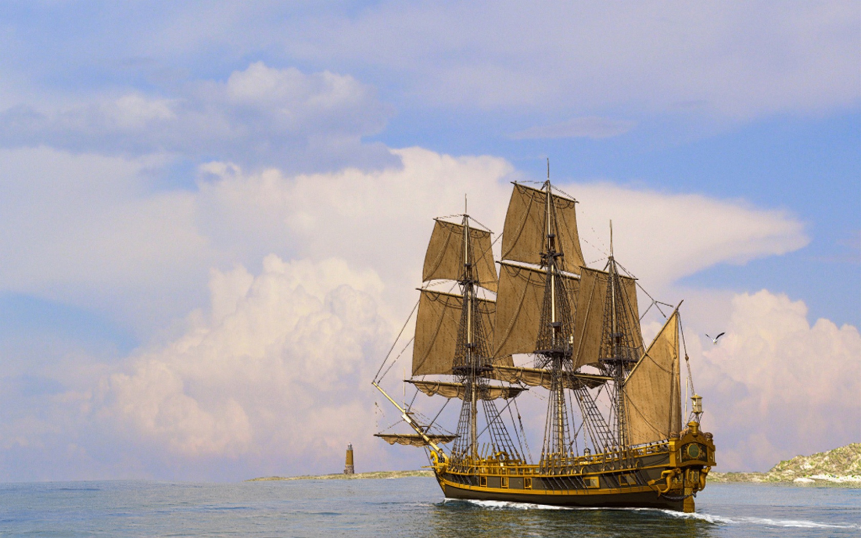 Парусный корабль у маяка