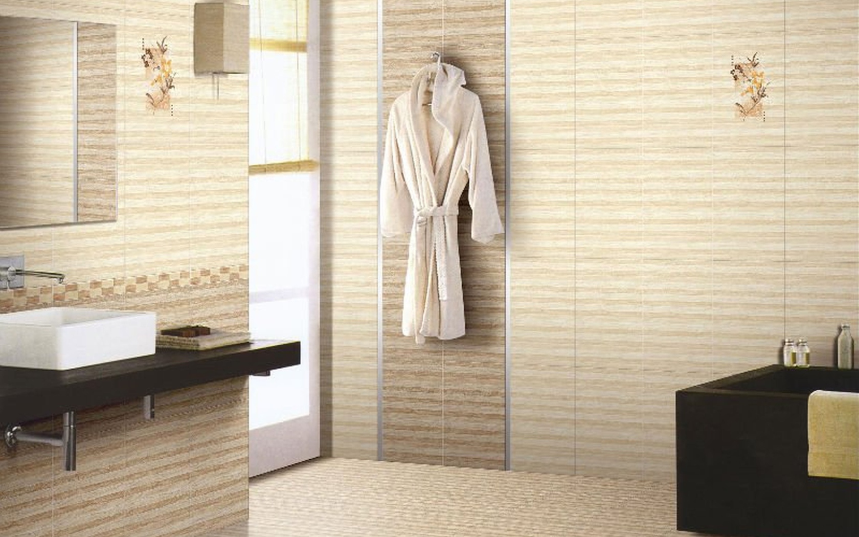 Кремовое оформление ванной комнаты