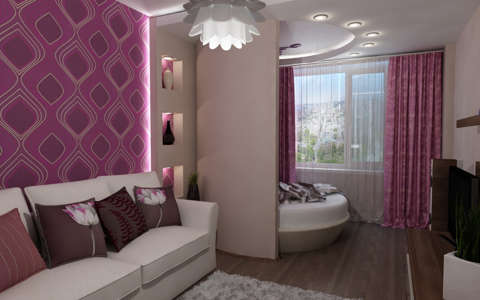 Фиолетовый орнамент на стене гостиной