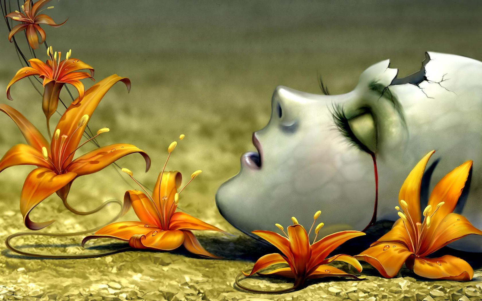 Лицо девушки среди цветов, 3Д графика