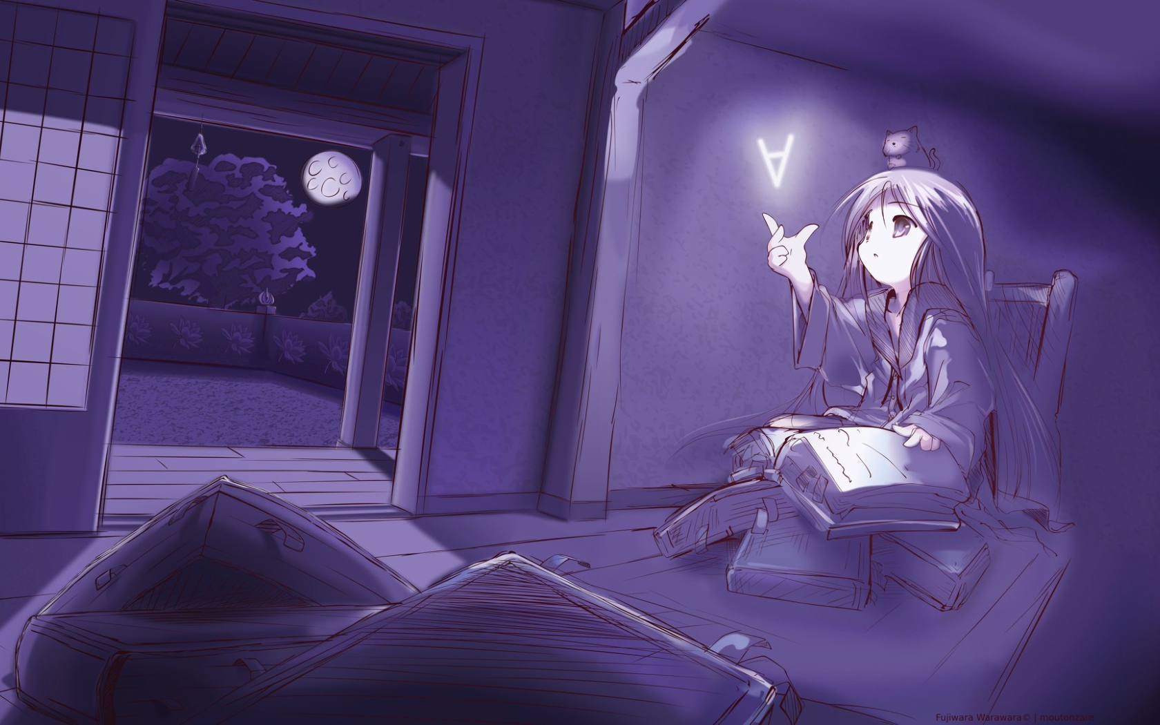 Девочка аниме ловит букву из книги