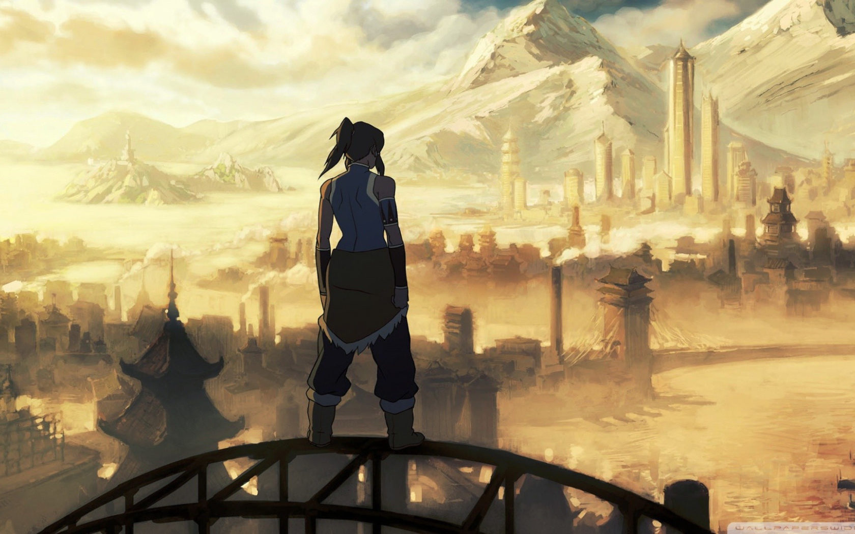 Персонаж аниме Легенда о Корре смотрит на горы