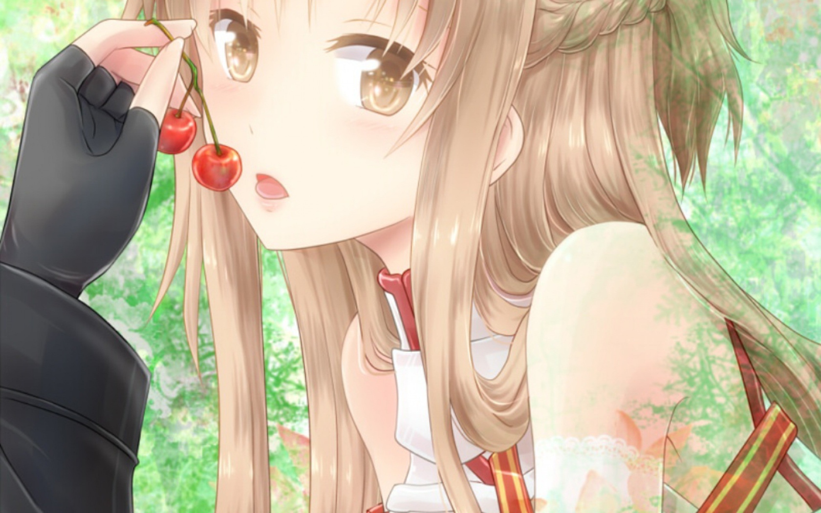 Аниме девушка Yuuki Asuna кушает вишни