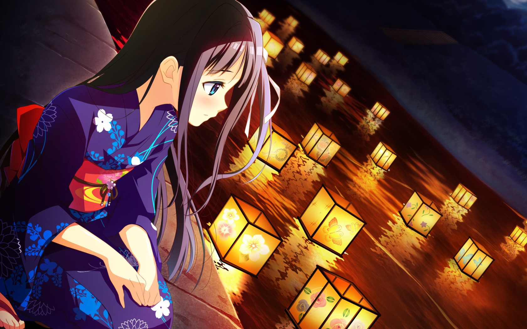 Аниме девушка в кимоно смотрит на фонарики