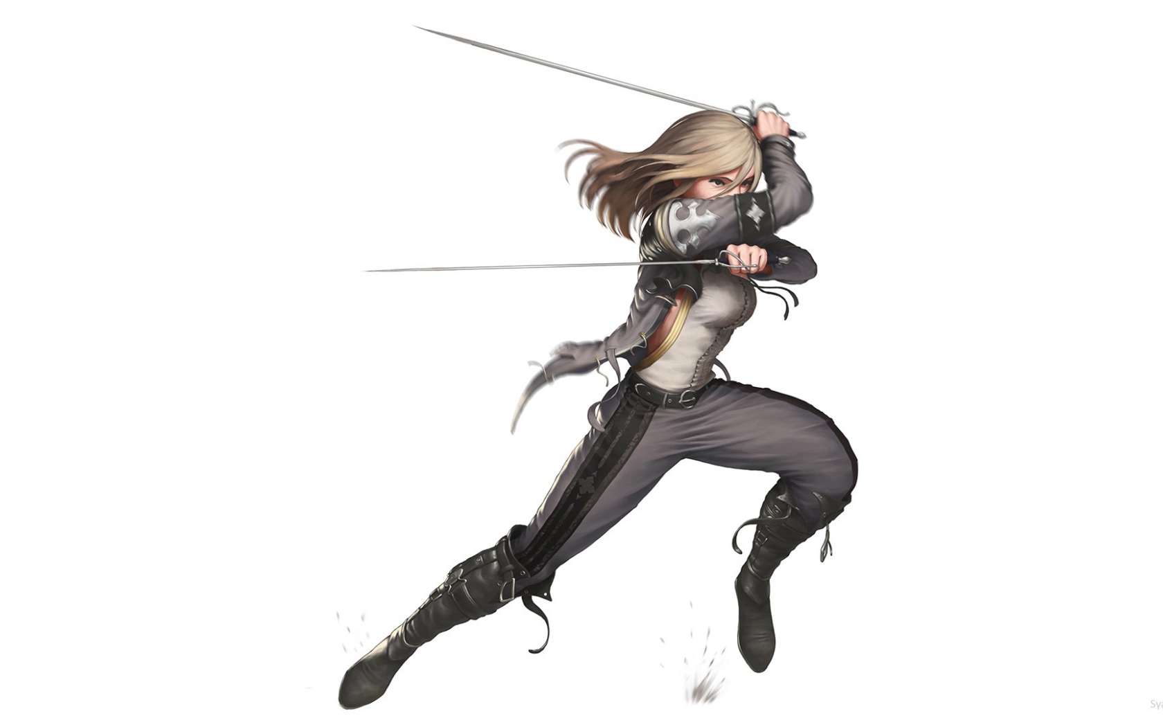 Девушка фехтует рапирами на белом фоне, аниме