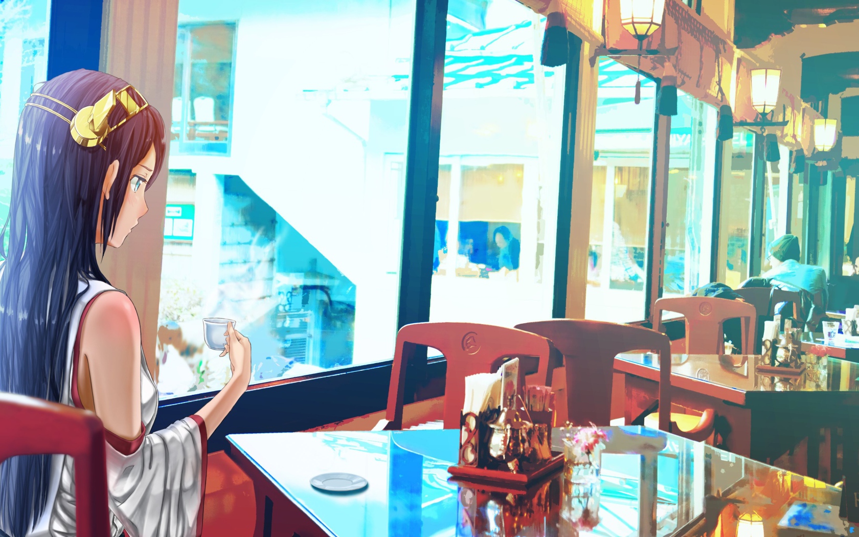 Девушка в кафе в аниме Kantai Collection