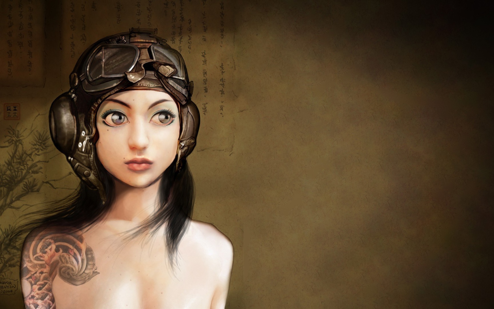 Японская девушка в старом шлеме летчика, рисунок