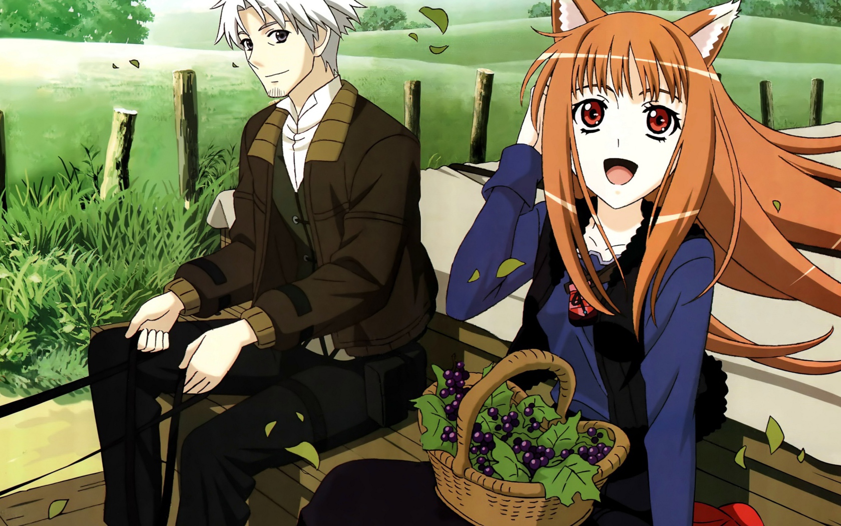 Влюбленная пара сидит на скамье в аниме Волчица и пряности