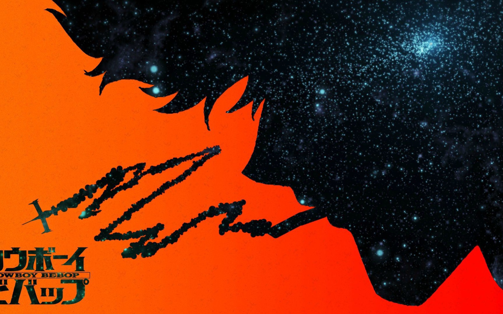 Оранжево черный постер аниме Ковбой Бибоп