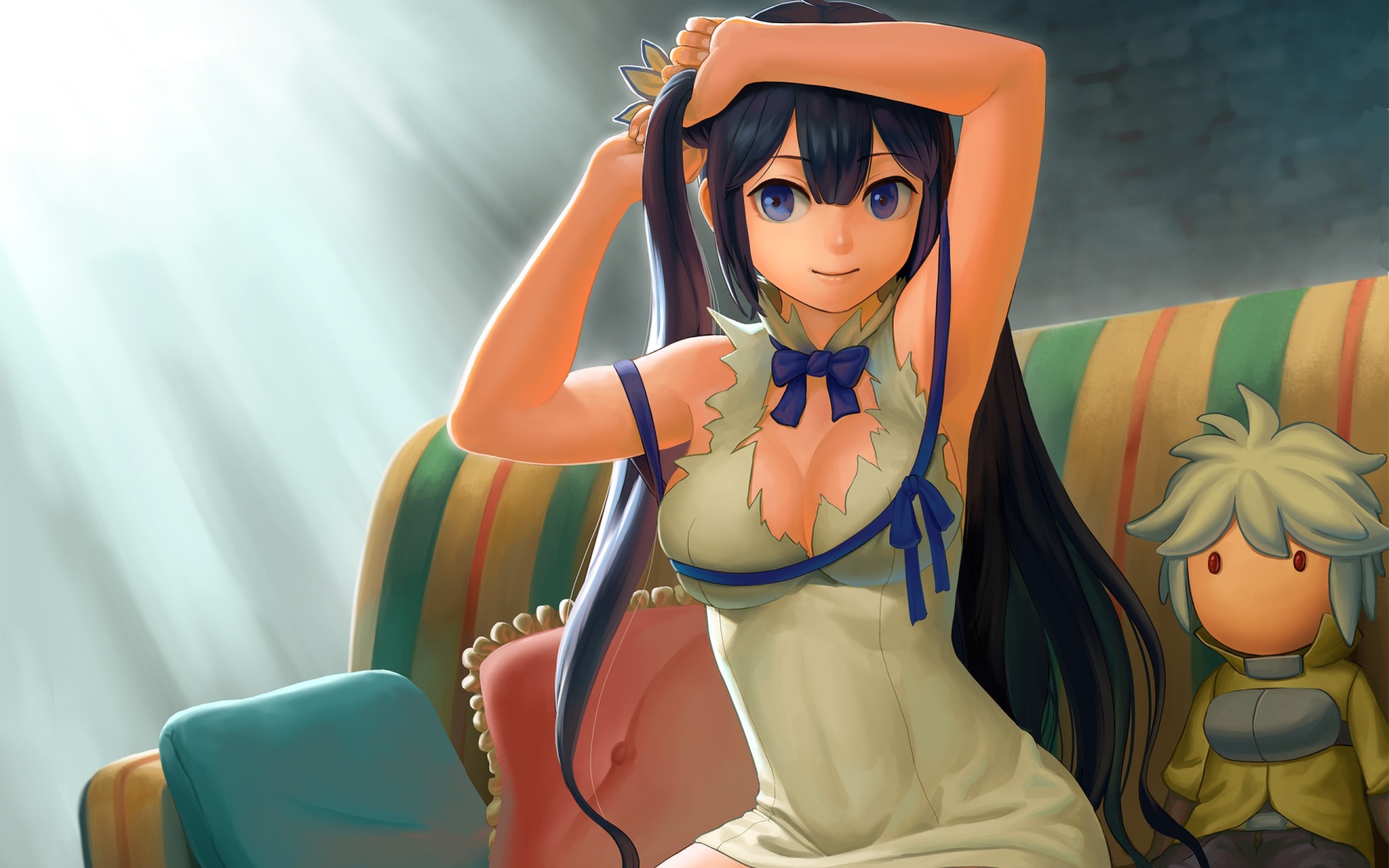 Девушка поправляет прическу, аниме Может, я встречу тебя в подземелье