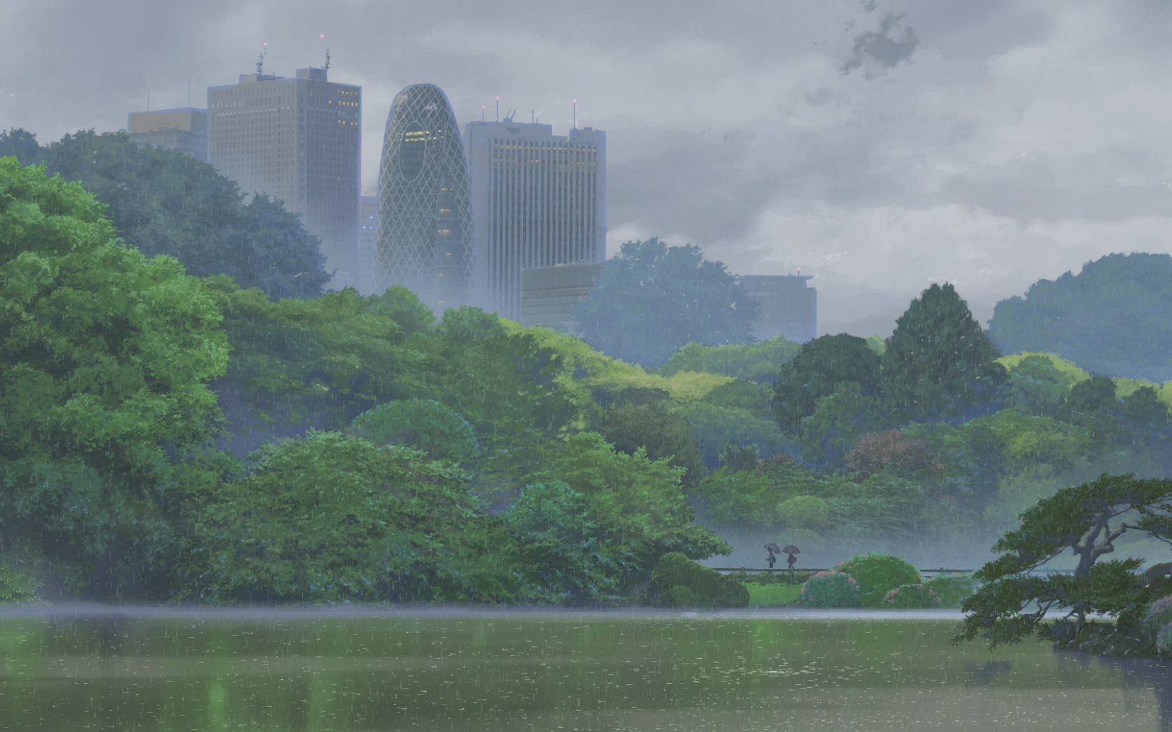 Небоскребы утопают в зелени, рисунок аниме