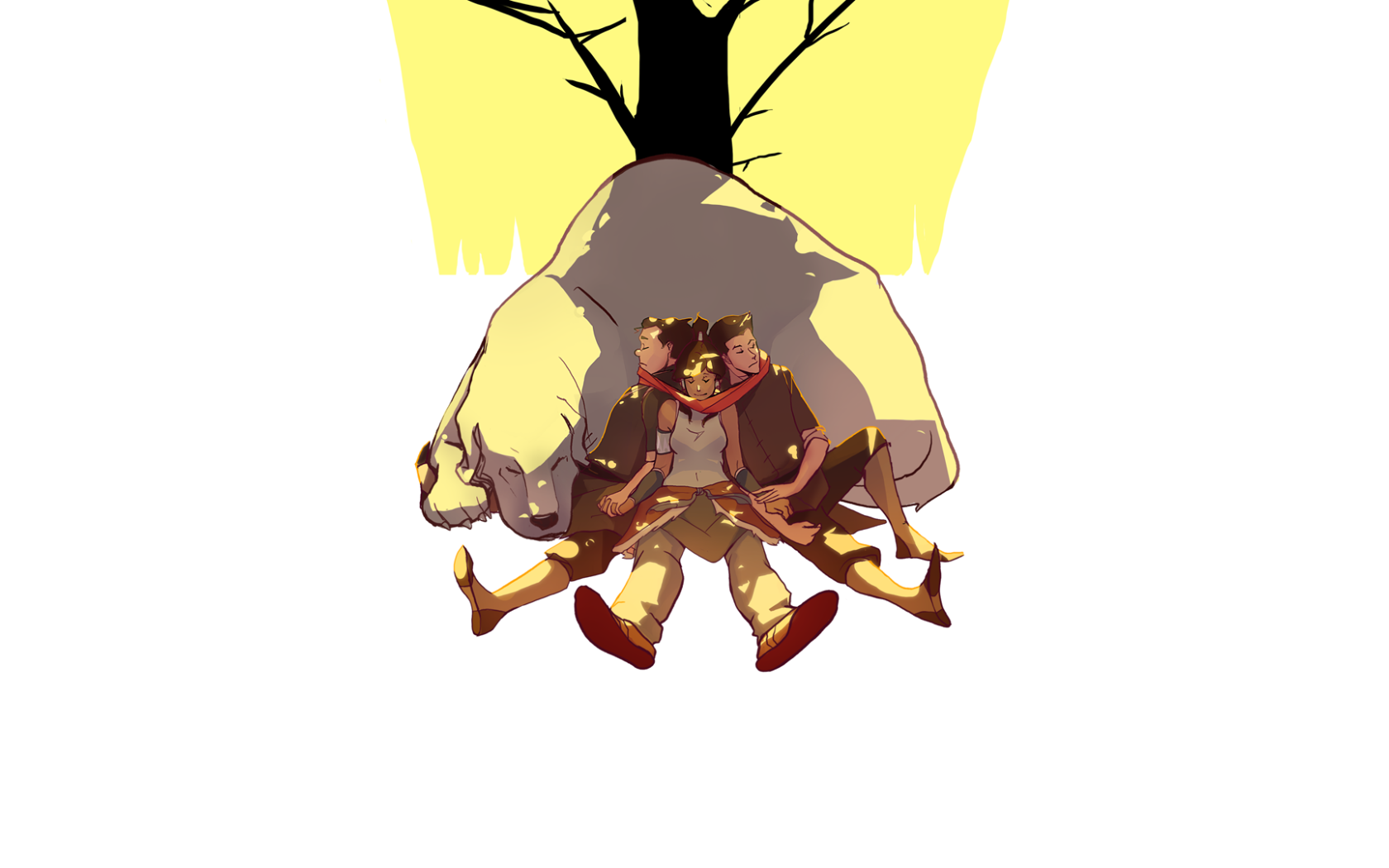 Три персонажа аниме Легенда о Корре спят у бока животного