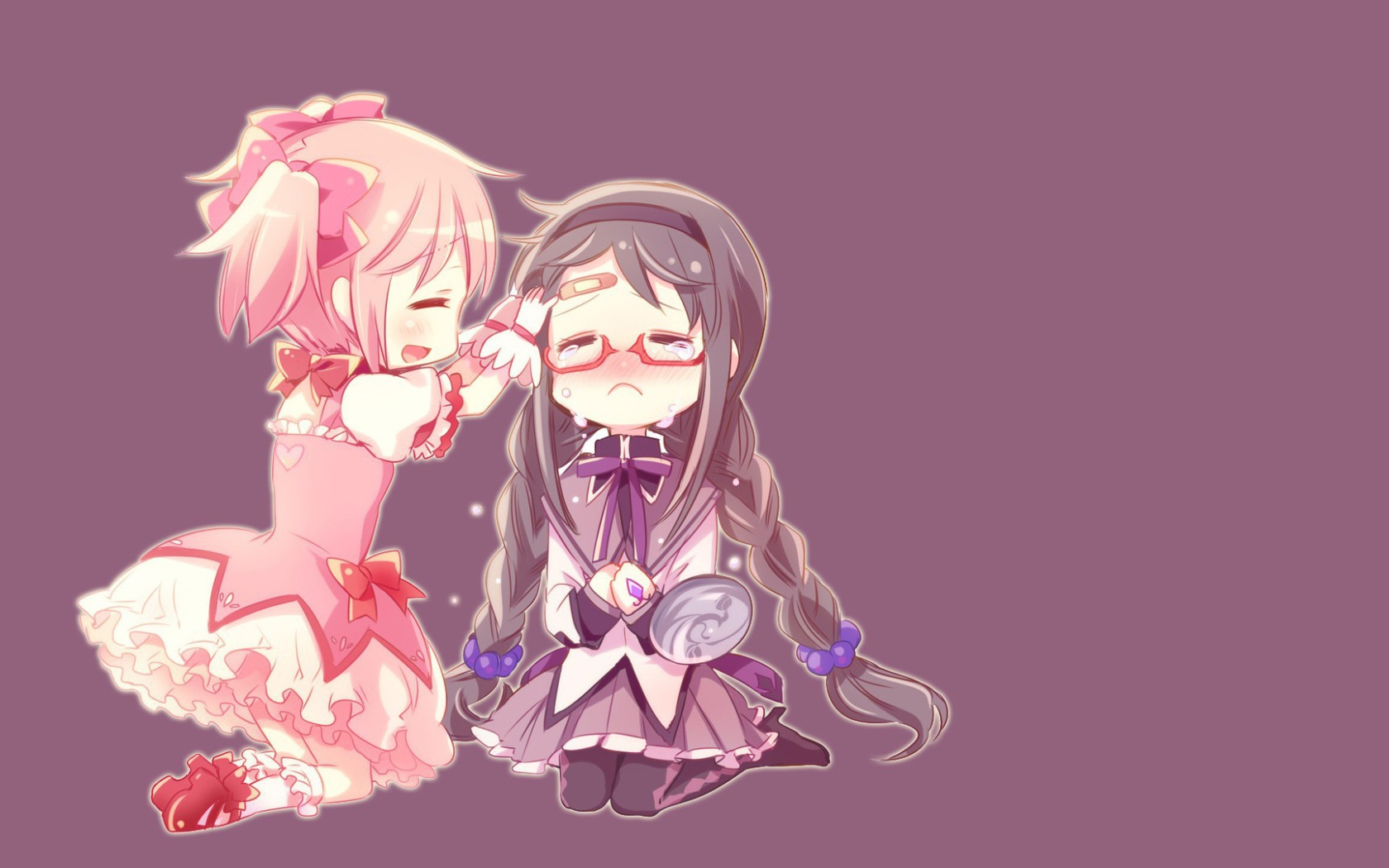 Две девочки на фиолетовом фоне, аниме Девочка-волшебница Мадока