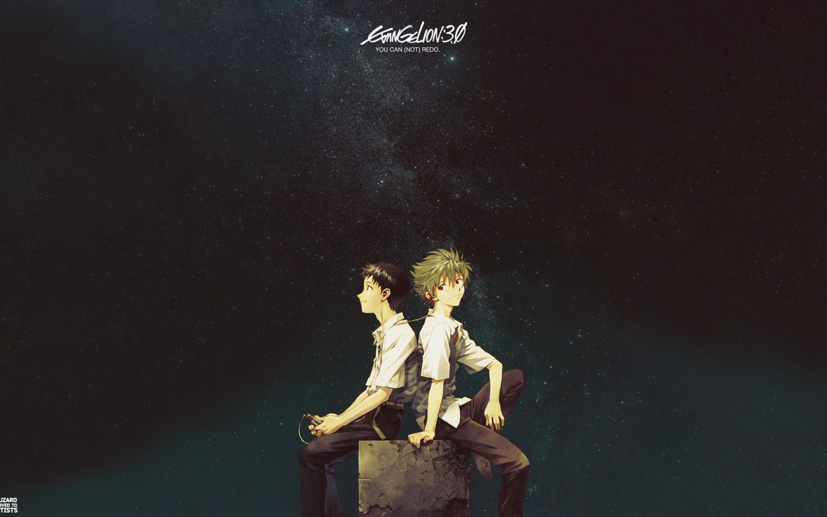 Два парня сидят на камне и слушают музыку, аниме